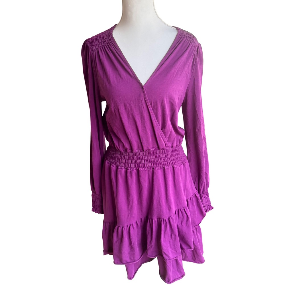 Duffield Lane Plum‎ Dress Womens S Purple Long Sleeve Smocked V-Neck Ruffle Mini